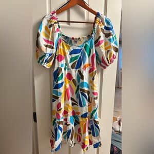 White multi-colored Puff Sleeve Dress, size medium.